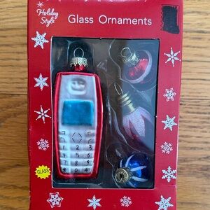 Glass Cell Phone Ornament Old Style Flip Phone Glass - Red, 4 ornaments NEW